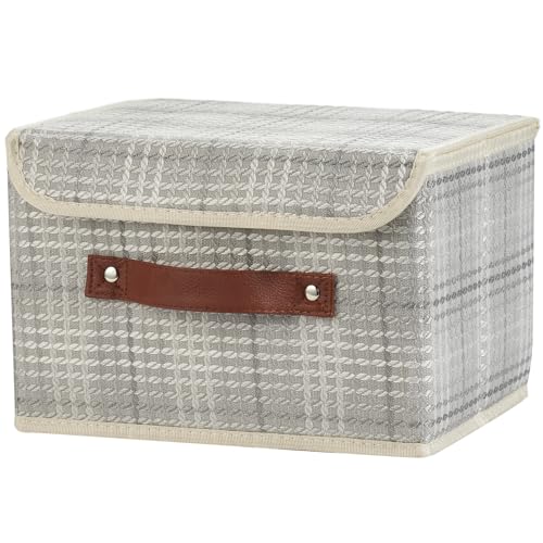 Storage Boxes with Lid 3D Textured Fabric Storage Bins Closet Organizer Containers Decorative Collapsible Washable Shelf Baskets with Faux Leather Handles (Silver Gray, Small Size) - color: Silver Gray (3D Textured), size: Small (Set of 1)