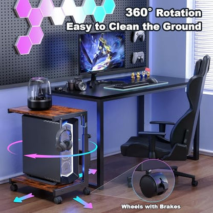 Computer Tower Stand with Charge Station and USB Charging Port - Height Adjustable PC Tower Stand, Under Desk CPU Holder Cart with Locking Caster Wheels for Fits Most PC - color: Brown