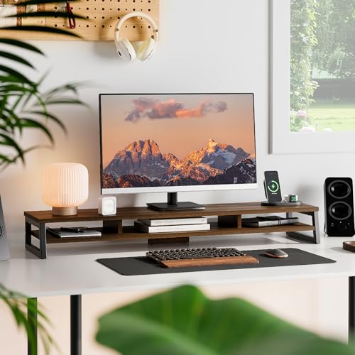 Fenge Dual Monitor Stand for Desk, 42.5in Large Monitor Riser for 2 Monitors, 2 Tier Computer Office Desk Top Shelf, Desktop Storage Stand for Laptop, PC, Computer, Printer - color: Brwon