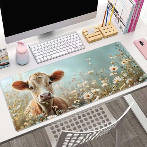 Flower and Little Cow XL Mouse Pad,Large Mouse Pad Gaming 31.5 x 11.8 in Mouse Mat Desk Pad,Extended Keyboard Mousepad Large Desk Mat with Non-Slip Rubber Base and Stitched Edge for Home Office - color: Flower and Little Cow