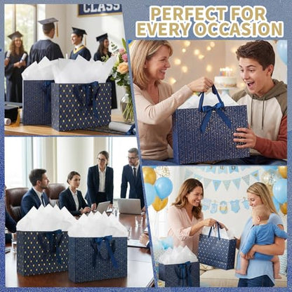 woric 2 Pcs Gift Bags for Men, 13.7" Large Blue Graduation Gift Bag with Handles Matching Tissue Paper Cards for Men Birthday Wedding Anniversary Special Occasion - color: Navy Blue