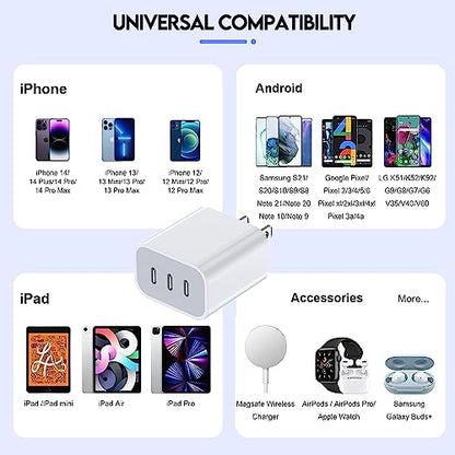 iPhone 16/17 Charger Block,USB C Charger [2 Pack] 35W 3-Port Wall Cube Fast Type C Charging Block PD Power Adapter for iPhone 17/17 Pro Max/16/16Pro/15/15Pro/14 Pro Max/13/12/11, iPad,Galaxy,Pixel 4/3
