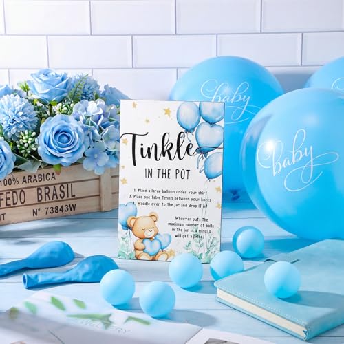 Tatuo 71 Tinkle in The Pot Baby Shower Game Sign Wooden Baby Shower Gender Reveal Party Favors 20 Table Tennis Balls 50 Balloon Latex Balloon(Bear,Blue) - color: Blue, style: Bear