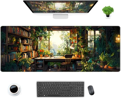 Green Kawaii Desk Mat Plant Floral Mouse Pad Cute XL Large Desk Pad Gaming Mousepad Lofi Desk Matt for Desktop, Laptop Computer Keyboard Mouse Mat for Women Office Decor Accessories 31.5x11.8 in - color: Green Plant Floral, size: 31.5" x 11.8"
