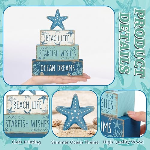 4 Pcs Summer Starfish Bathroom Table Decor Ocean Beach Tiered Tray Decor Blue Coastal Wooden Signs Shelf Sitter Sea Wishes Table Centerpieces for Home Kitchen Office Decorations - style: Starfish