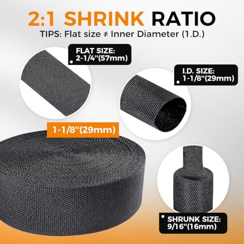 Black 2:1 Ratio Automotive Heat Shrink Braided Sleeving,Wear-Resistant Flat Woven Shrinkable Sleeve Fabric Car Cable Wires Hoses Protection (1-1/8"-35ft) - size: 1-1/8"-35ft