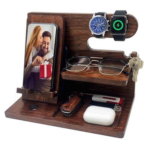 VEIYAILU Gifts for Men Boyfriend Him Brother Nightstand Organizer Gift for dad from Daughter Son Wood Phone Docking Station Anniversary Birthday Gifts (Walnut) - color: Walnut