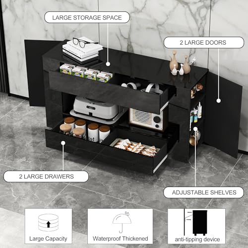 TV Stand Cabinet Up to 65 inch with Conceals Storage, High Gloss, White | TV cabinet with 2 Push-Open doors and 2 drawers, entertainment center, storage cabinet, modern style, living room, office - color: High Gloss Black, size: 47.24"W*13.78"D*27.56"H