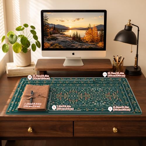 iCasso Green Aesthetic Flower Mouse pad for Laptop, Vintage Desk Matt for Desktop 13.7"x23.6", Anti-Slip Mousepad with Stitched Edges for Laptop Computer Keyboard(Deep Green) - color: Deep Green, size: 23.6L x 13.7W inches