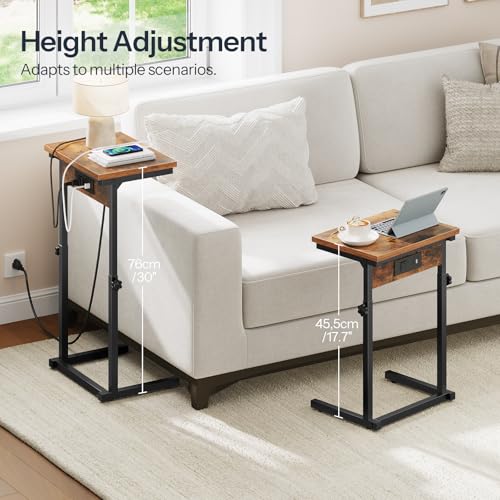 HOOBRO C-Shaped End Table with Charging Station, Adjustable Height Sofa Tray Side Table, Slide Under Couch Arm Table, Small C Side Table for Small Space in Living Room, Bedroom, Rustic Brown BF71USF01 - color: Rustic Brown + Black