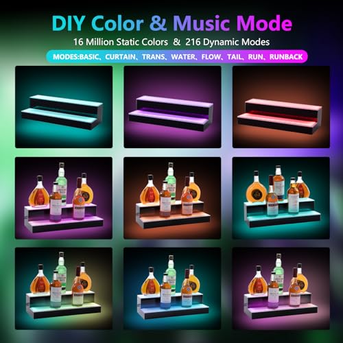 Led Lighted Liquor Bottle Display Shelf, 20 Inch 2 Tier Whiskey Rack, Support USB, Bar Stand with RF Remote & App Control, Illuminated Acrylic Lighting Shelves for Home Bar, Party - size: 20" 2 step