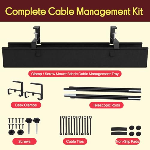 Pyle 36" Under Desk Cable Management Tray, Under Desk Wire Organizer with Clamp or Screw Mount, Desk Cable Organizer with Fabric Design for Large Workstations, Built-in Ties, 20 lb Capacity, Black - size: 36"