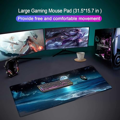Moon Illuminating The Clear Blue Ocean Design Large Mouse pad,Large Extended Gaming Mouse Pad with Stitched Edges,Non-Slip Natural Rubber Base,Waterproof Computer Mouse Pad Keyboard Mat - color: D4