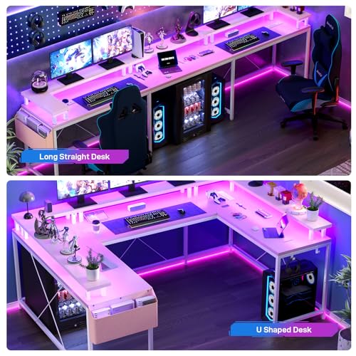 U Shaped Desk with Power Outlet & LED Lights, 79" Reversible Computer Desk with Monitor Stand, Wood Home Office Desks Gaming Desk with Shelving, Side Storage Pockets, Pink - color: Pink