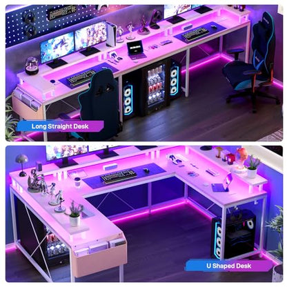 U Shaped Desk with Power Outlet & LED Lights, 79" Reversible Computer Desk with Monitor Stand, Wood Home Office Desks Gaming Desk with Shelving, Side Storage Pockets, Pink - color: Pink