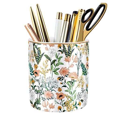 Large Capacity Colored Pen Holder for Desk, Ceramic Pencil Holder Pen Cup Marker Holder Makeup Brush Holders, Desk Accessories & Workspace Organizers for Home, Office, White Flower - color: White Flower 02