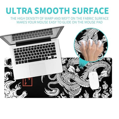 Black and White Mouse Pad Extra Large Gaming Mousepad Dragon Desk Mats Japanese Full Keyboard Mat Computer Pad Desk Mat with Stitched Edges Non-Slip Desktop 31.5 x11.8 in - color: Dragon