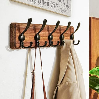 Dseap Coat Rack Wall Mounted - 5 Tri Hooks, Heavy Duty, Wooden Wall Coat Hanger Coat Hook for Clothes Hat Jacket Clothing, Natural & Black - color: Natural & Black, size: L=17.4"
