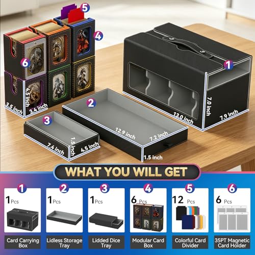Cortile MTG Commander Deck Box,6-deck Modular Card Case and 2 Dice Trays,Removable MTG Deck Box Holds 780+ Double-Sleeved Cards,Ergonomic Handle and 35PT Magnetic Holders for TCG/EDH, Multicolour - color: Multicolour, style: 6-Deck Modular Case
