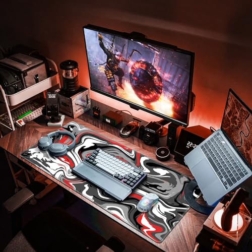 Canjoy Gaming Mouse Pad, Fluid Pattern Mouse Pad 31.5x15.7inch Large Extended Computer Mouse Mat Keyboard Full Desk Mousepad for Gaming, Office, Home - color: Red Black-2, size: 800*400mm