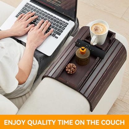GEHE Bamboo Couch Cup Holder, Anti-Spill Sofa Arm Tray, Natural and Easy to Clean Couch Arm Cup Holder Armrest Tray Perfect for Cups, Beers, Snacks, Remote Control, Drinks - color: Deep Mahogany