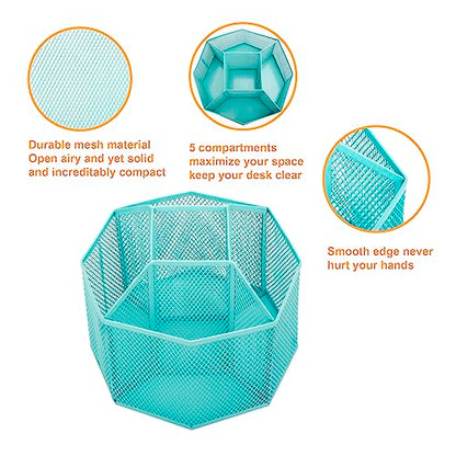 Annova Mesh Desk Organizer Rotate with 5 Compartments Spinning Tidy Candy/Pen Holder Office, Art Supply, Storage, Classroom, Home (Turquoise) - color: Turquoise