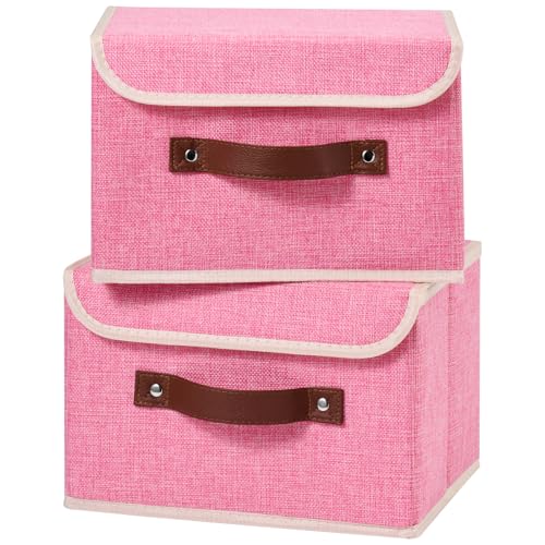 2PCS Storage Boxes with Lid Cotton Linen Fabric Storage Bins Organizer Container Decorative Collapsible Washable Shelf Closet Baskets Faux Leather Handles Home Bedroom (Pink, Small) - color: Pink, size: Small (Set of 2)