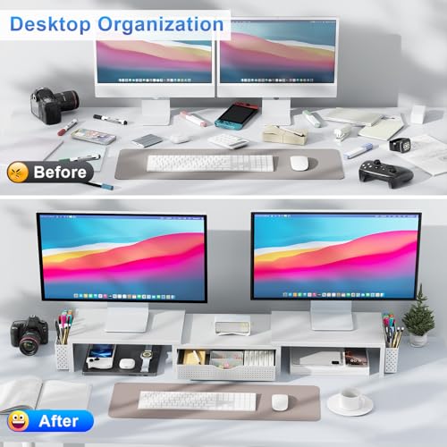 gianotter Dual Monitor Stand Riser, Desk Organizer With Drawer and 2 Pen Holders, Monitor Stand for Desk, Office Decor Essentials (White) - color: White