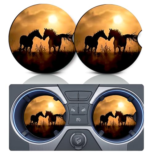 2PCS Running Horse Car Cup Holder Coasters, Cars Coasters for Cup Holders, 2.75" Universal Anti Slip Rubber Mat with Finger Slot, Western Horses Car Accessories Interior Decor, Horse Gift - color: 2 Horse
