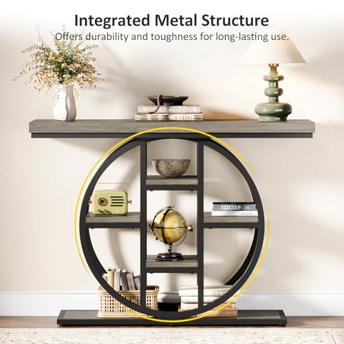 Celaform 41" Console Table, 4-Tier Entryway Table with Circle Base, Industrial Narrow Wood Sofa Accent Tables with Storage Shelves for Living Room, Hallway, Foyer (Grey) - color: Grey