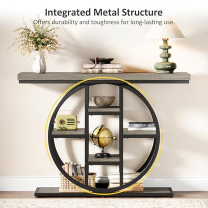 Celaform 41" Console Table, 4-Tier Entryway Table with Circle Base, Industrial Narrow Wood Sofa Accent Tables with Storage Shelves for Living Room, Hallway, Foyer (Grey) - color: Grey
