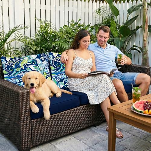 Fabuday Outdoor Chair Cushions Patio Furniture - 22 x 22 Inch Deep Seat & Back Pillow Rain-Proof Cover Removable Replacement with Ties for Wicker Sofa Couch Sunbrella Outside Green Floral - color: Green Floral, size: 22 x 22 Inch