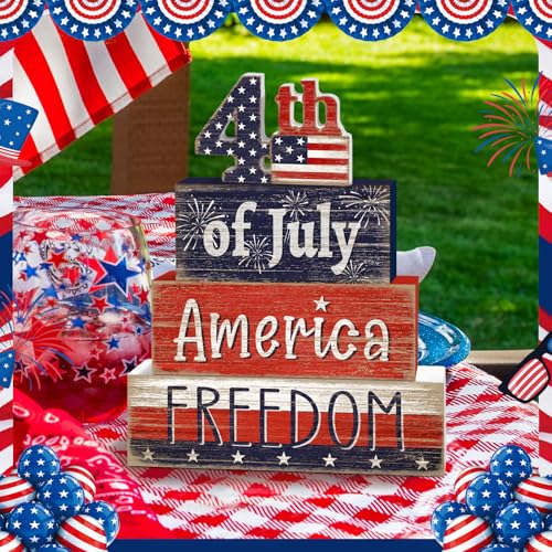 Britimes 4 Pcs 4th of July Decor Patriotic Tiered Tray Decorations Set, Memorial Day Table Sign Farmhouse Red White Blue Rustic Wooden Block Stack Sign for Home Fireplace Mantel (4th of July) - style: 4th of July