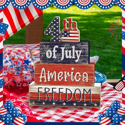 Britimes 4 Pcs 4th of July Decor Patriotic Tiered Tray Decorations Set, Memorial Day Table Sign Farmhouse Red White Blue Rustic Wooden Block Stack Sign for Home Fireplace Mantel (4th of July) - style: 4th of July
