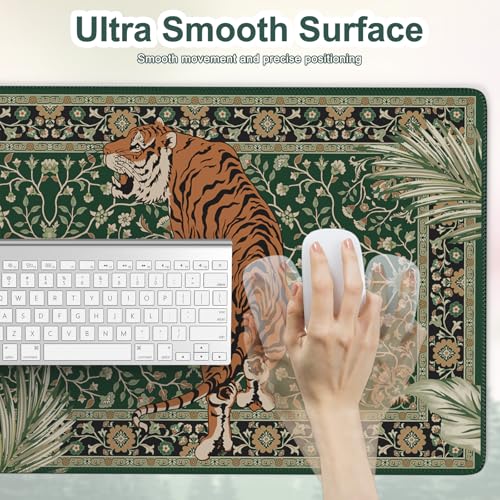 Desk Pad Mat, Stitched Edges Cute Desk Mat, Non-Slip Tiger Desk Mat Gaming, Smooth Green Mouse Pad, Soft Desk Cushion for Office Home 35.4 x 15.7 Inches (Green) - color: Multi/Green