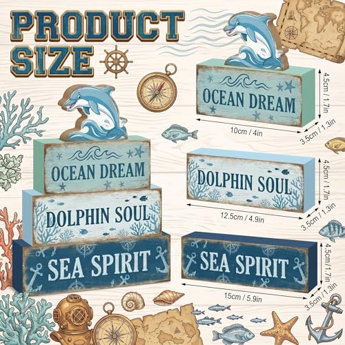 4 Pcs Dolphin Ocean Bathroom Table Decor Summer Dolphin Tiered Tray Decor Blue Nautical Wooden Signs Tabletop Summer Beach Bedroom Home Kitchen Office Decorations Shelf Sitter - style: Dolphin