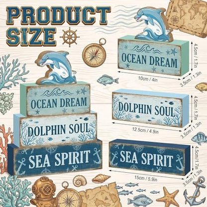 4 Pcs Dolphin Ocean Bathroom Table Decor Summer Dolphin Tiered Tray Decor Blue Nautical Wooden Signs Tabletop Summer Beach Bedroom Home Kitchen Office Decorations Shelf Sitter - style: Dolphin