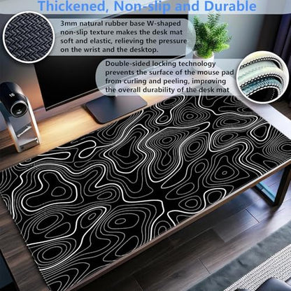 Extended Gaming Mouse Pad XL, Black Topographic Map Desk Mat, Non-Slip | High-performance XL gaming mousepad featuring an abstract contour line print and heavy-duty stitched edges. - color: Black Topographic