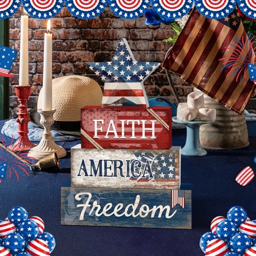 Britimes 4 Pcs Patriotic Independence Day Tiered Tray Decor Set, 4th of July Table Sign Farmhouse Red White Blue Rustic Wooden Block Stack Sign Memorial Day Decorations for Home Office (Star) - style: Star