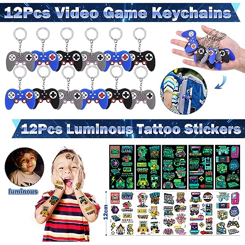 124Pcs Video Game Party Favors for Kids Gamer Birthday Supplies - Controller Straw Paper Bag Stamp Bracelet Glow Sticker Keychain Gaming Sticker, Boy Game On Pinata Filler Goodie Stuffer Decor