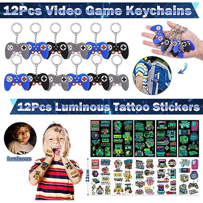 124Pcs Video Game Party Favors for Kids Gamer Birthday Supplies - Controller Straw Paper Bag Stamp Bracelet Glow Sticker Keychain Gaming Sticker, Boy Game On Pinata Filler Goodie Stuffer Decor