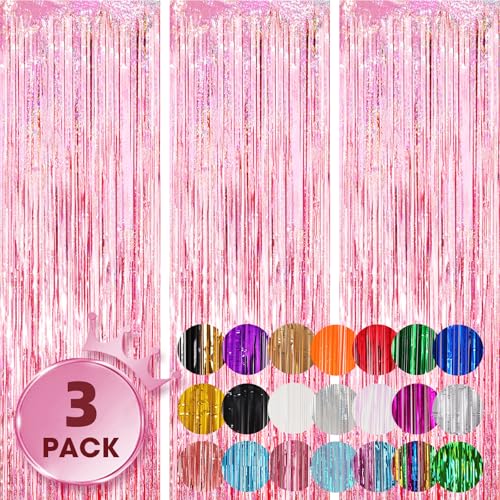 Voircoloria 3 Pack 3.3x8.2 Feet Laser Pink Foil Fringe Backdrop Curtains, Tinsel Streamers Birthday Party Decorations, Fringe Backdrop for Graduation, Baby Shower, Gender Reveal, Disco Party - color: 02 Laser Pink