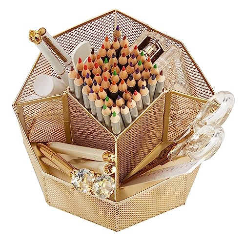 Annova Mesh Desk Organizer Rotate with 5 Compartments Spinning Tidy Candy/Pen Holder Office, Art Supply, Storage, Classroom, Home (Gold) - color: Gold