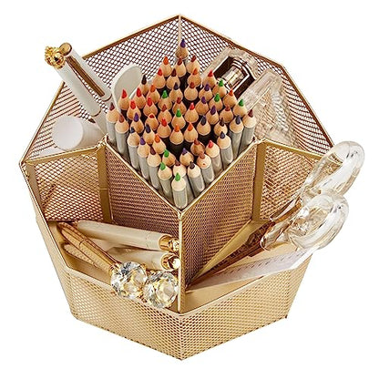 Annova Mesh Desk Organizer Rotate with 5 Compartments Spinning Tidy Candy/Pen Holder Office, Art Supply, Storage, Classroom, Home (Gold) - color: Gold
