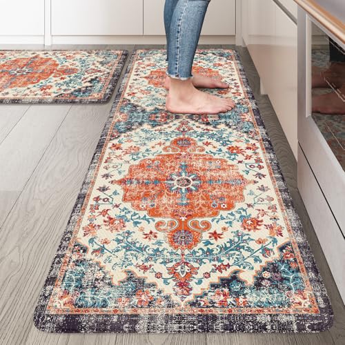 KIMODE Anti Fatigue Kitchen Mats, Boho Vintage Kitchen Rugs - Sets of 2, Cushioned Non Slip Comfort Rugs for Kitchen Floor, Sink, Laundry, Desk - Orange/Purple 20"x47"+20"x32" - color: Orange/Blue/Multi, size: 20" x 47"+20" x 32"--0.47 inches