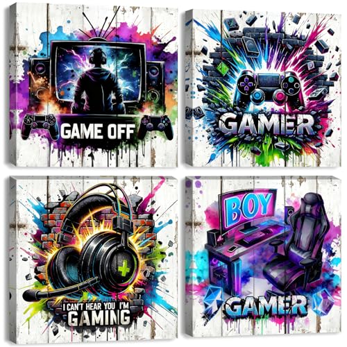 4Pcs Gaming Wall Art Teen Boys Bedroom Decor Neon Game Accessories Poster Cool Graffiti Gamer Prints Wall Decor Controller Headset Video Games Artwork for Teenage Gaming Room Home Decorations 12x12'' - color: Gamer Boy02, size: 12 x 12 in