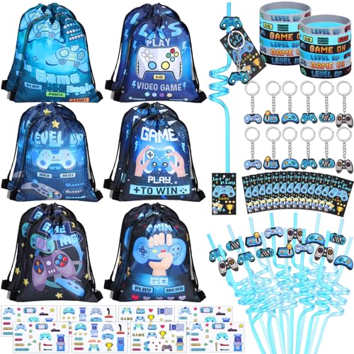 LemonRoad 73 Pcs Video Game Party Favors Set Birthday Supplies Includes Drawstring Bags Backpack Keychains Bracelets Stickers Straws Tags for Birthday Party Favors Rewards Gifts - style: Video Game