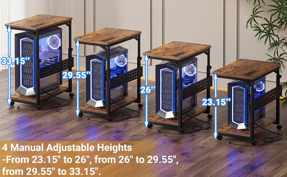 Besiost Computer Tower Stand with Power Strips, 4 Levels Manual Height Adjustable PC Tower Stand for Under Desk, Mobile Rolling CPU Holder, Computer Cart with Wheels, 24", Rustic Brown