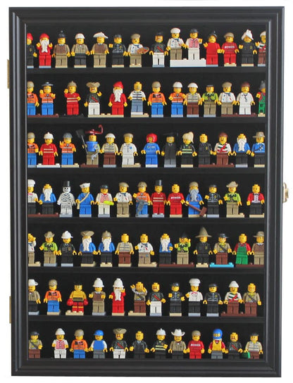 Minifigure Display Case - Building Block Toy Wall Cabinet Showcase for Small Miniature Collectibles Mini Brands Thimbles, Lockable UV Protection Door (Black Finish Frame) - size: Large - Black