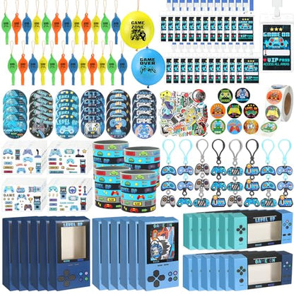 243 Pcs Video Game Party Favors for 24 Kids Gamer Goodie Bag Stuffers for Boys Gaming Birthday Party Supplies with Gift Boxes, VIP Pass, Balloons, Bracelets, Keychains, Badges, 3D Stickers - color: Blue